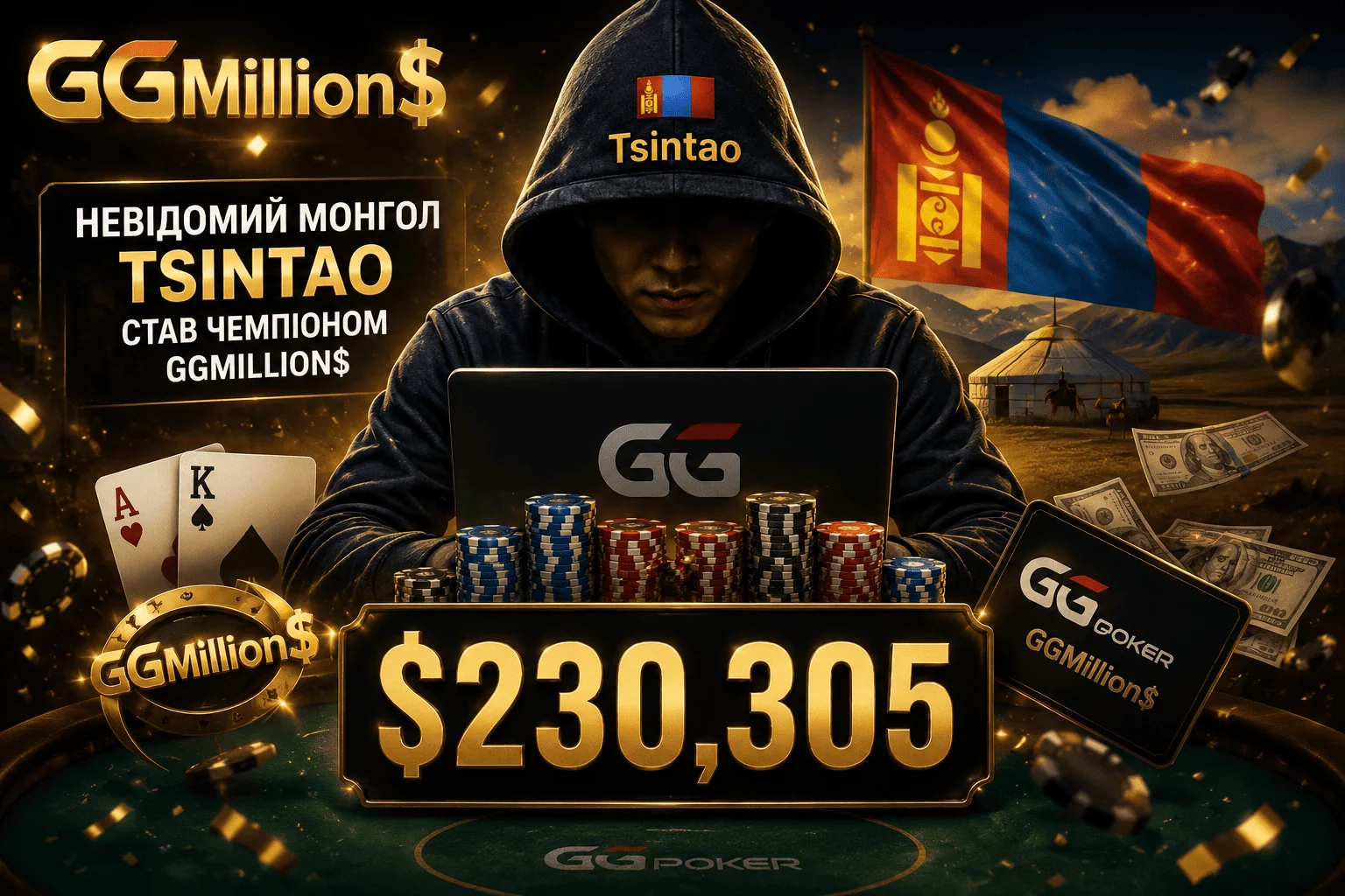 Невідомий монгол Tsintao виграв $230,305 в GGMillion$